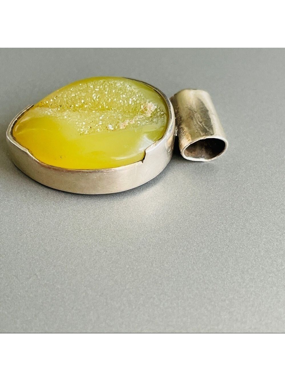 Natural Yellow Druzy Stone Sterling Silver Teardrop Pendant Vintage - Picture 5 of 6